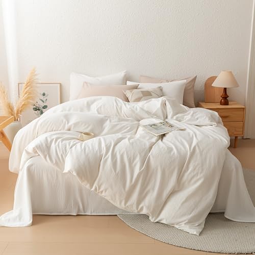 linenestbedding 100% Washed Cotton Duvet Cover Set King Size with Bag Ultra Soft and Lightweight, All Season Bedding with Zipper and Ties, Minimalist Neutral Style (Warm White, King (104"x90")) linenestbedding