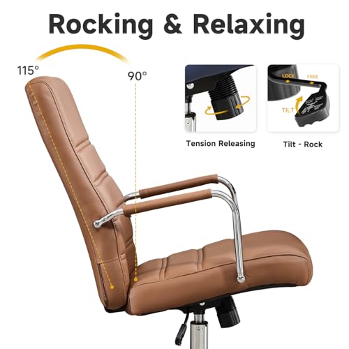 Office Desk Chair Leather, Conference Room Chairs with Wheels, Modern Executive Office Chairs Adjustable Height, Ergonomic Swivel Rolling Ribbed Computer Chair(Brown) Awtuku