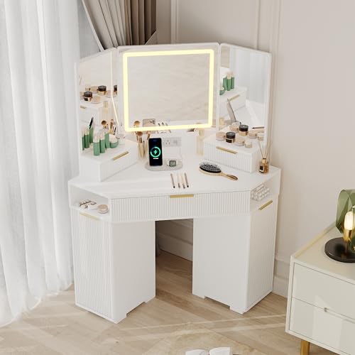 Garvee White Corner Vanity, Corner Vanity Desk with Mirror and Lights, Fluted Makeup Table with Charging Station, Drawers, Storage Cabinets Garvee