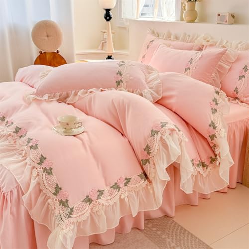 MOOWOO Flower Lace Ruffled Bedding Set- Sweet Girl Chiffon Ruffles Duvet Cover Set- 3PC(1 Full Duvet Cover 80x90 Inch, 2 Pillowcases) Aesthetic Bedding for Romantic French Wedding MOOWOO