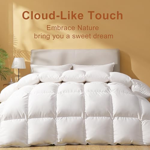 DOWNSTORIA Feather Down Fiber Comforter King Size, Ultra Soft Fabric Duvet Insert, Luxurious Hotel Collection White Bedding Comforters, All Season Medium Warmth 106 x 90 Inch. DOWNSTORIA