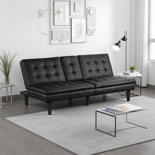 Benzara Berie Futon Sofa Bed, Drop-Down Tray, Cupholder, Black Faux Leather Benzara