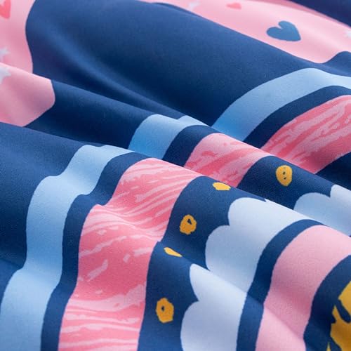 Btargot Lightweight Soft 3 Piece Rainbow Comforter Set with 2 Pillow Covers, Cartoon Love Hearts Suns and Stars Bedding Set for Girls Boys Kids, Twin Dark Blue Btargot