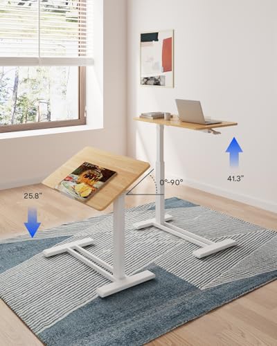 FLEXISPOT H7 PRO Mobile Standing Desk Adjustable Overbed Table Pneumatic with Wheels 90°Tiltable Portable Laptop Desk Rolling Computer Cart Foldable Bedside Table(31.5" W x 17.7" D D, Maple) FLEXISPOT
