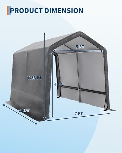 7X12 FT Heavy-Duty Portable Outdoor Storage Shed with Roll-Up Zipper Door & Vent, 240g Waterproof Carport Storage Shelter, UV-Resistant Canopy for Motorcycle, Firewood, Tools -Gray ActiveTrail