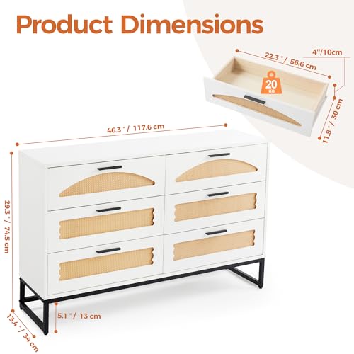 Mericonia 6 Drawer Double Dresser for Bedroom, Rattan Chest of Dressers, Modern Wooden Dresser Chest with Golden Handles for Bedroom,Living Room, Hallway and Entryway Mericonia