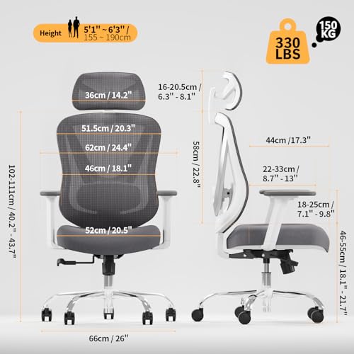 HOLLUDLE Ergonomic Mesh Office Chair - 3D Adjustable Lumbar Support & 3D Armrests, V-Shaped Back, Adjustable Desk Chair for Office & Home, White HOLLUDLE