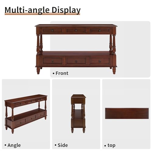 LKTART 54'' Solid Wood Console Table, Farmhouse Entryway Table with 6 Drawers and Shelf, Narrow Long Sofa Table with Storage for Living Room Hallway, Couch, Foyer (Cherry) LKTART