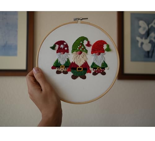 Looples Embroidery Kit for Beginners and Adults with Video Tutorials – DIY Starter Kit with 3 Stamped Floral Patterns, Hoops, Threads, Needles, and Instructions (Gnomes, Ornaments & Holiday Wreath)