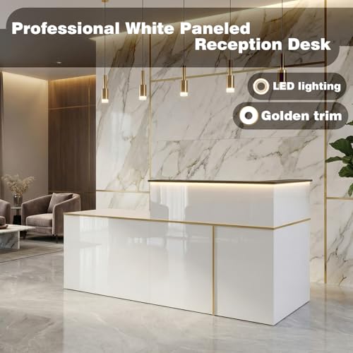 Modern Reception Desk with Counter,L-Shaped Reception Desk,86.6" Front Counter Table with Adjustable File Cabinet & Keyboard Tray,Suitable for Offices,Lobby,Hotel(R-high) Laxodor