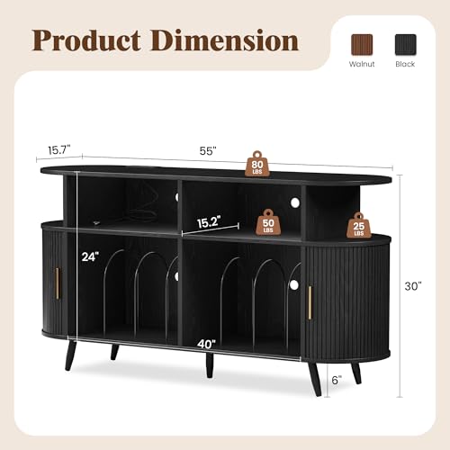 55” Mid Century Record Player Stand, Round Record Storage Cabinet with Charging Station, Turntable Stand Holds up to 300+ Albums, Large Vinyl Record Player Shelf for Media Stereo Audio, Black Quelthar