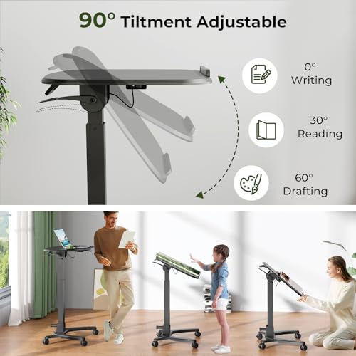 JYLH JOYSEEKER Foldable Mobile Standing Desk, 27"×21" Portable Rolling Laptop Cart with 90° Tiltable Board, Height Adjustable Mobile Desk Workstation with Wheels, Folding Table for Home Office, Black JYLH JOYSEEKER