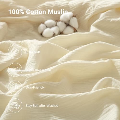 100% Muslin Cotton Cream Fitted Sheet Twin Only with 16" Elastic Deep Pocket, 1 Pack Soft Breathable Absorbent Gauze Single Fitted Bottom Sheet, Minimalist Fluffy Wrinkle Mattress Protector YASMENG