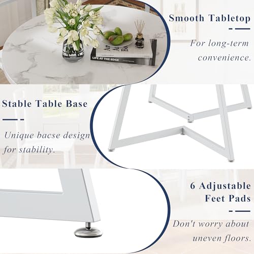 VECELO Small Round Dining Table Set for 2, Wood Tabletop with Strong Metal Frame, Modern Dinette with Chairs for Kitchen, Breakfast Nook Living Room, Faux Marbled & White VECELO