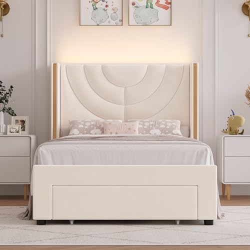 HITHOS 2 Set Twin Upholstered LED Bed Frame with Storage Drawer, Velvet Kids Bed with Headboard, Princess Twin Platform Bed for Girls/Kids, Solid Wood Slats Support, No Box Spring Needed (Beige) HITHOS