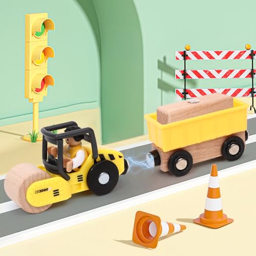 Atoylink 15PCS Kids Wooden Construction Toys with Magnetic Train Cars, Gantry Crane Bulldozer Roller Tow Truck Construction Site Vehicles Playset Gifts for 3 4 5 6 Year Old Toddlers Boys Atoylink