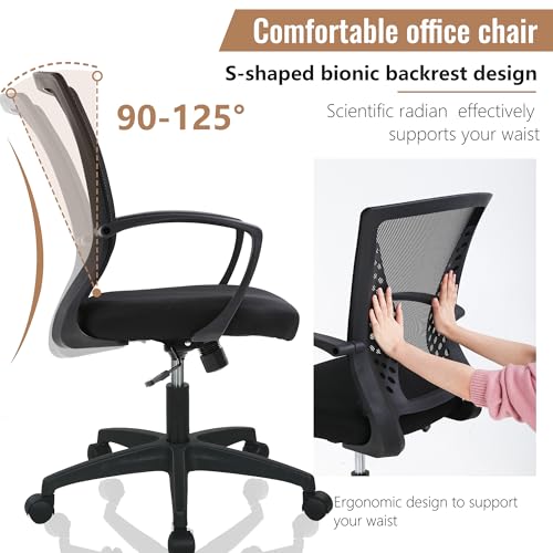 FDW Home Office Chair Mid Back PC Swivel Lumbar Support Adjustable Desk Task Computer Ergonomic Comfortable Mesh Chair with Armrest (Black) FDW