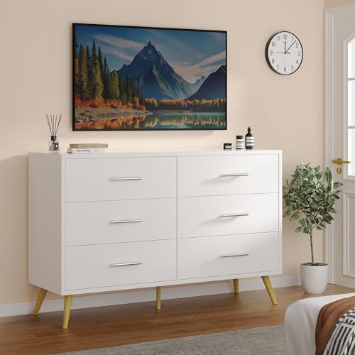 Shintenchi 6 Drawer Dresser, White Double Dresser for Bedroom, Modern Chest of Drawers TV Stand, Wooden Storage Organizer for Living Room, Entryway, White and Gold Dresser Shintenchi