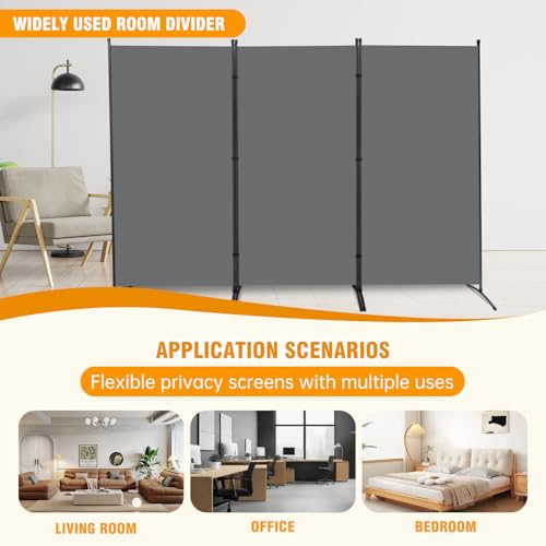 6 FT Tall Room Divider Screen Fabric Wall Divider with Metal Frame, 3 Panel Folding Privacy Screens, Portable Room Divider Panel, Freestanding Room Divider Partition for Office Bedroom Study, Grey CHOSENM