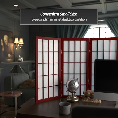 2 ft. Short Desktop Window Pane Shoji Screen - Rosewood - 3 Panels Red Lantern