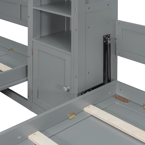 Aiuyesuo Dual Twin Size Wall Murphy Beds with Cabinets and Shelves, Pinewood Murphy Beds Frame with Convertible Shelf-Legs and Central Storage Unit for Guest Room, Bedroom, Home, Office (Gray-JU15) Aiuyesuo