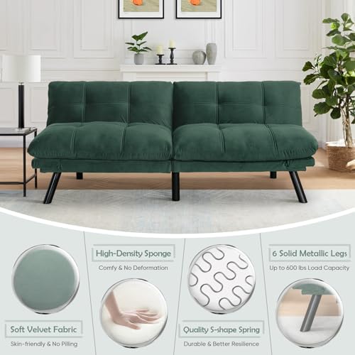 Convertible Velvet Futon Sofa Bed, Comfy 72" L Sleeper Couch with Thicker Cushion, Upholstered Modern Reclining Loveseat Folding Sofa for Small Living Room, Dorm, Apartment, Office, Emerald Antetek