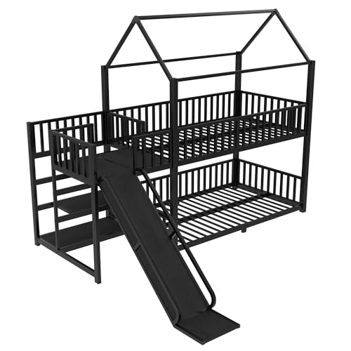 Bellemave Twin Over Twin Bunk Bed with Slide, Kids House Floor Bunk Bed with Storage Stairs and Full Length Guardrail, Heavy Duty Bunk Beds for Girls, Boys, Black Bellemave