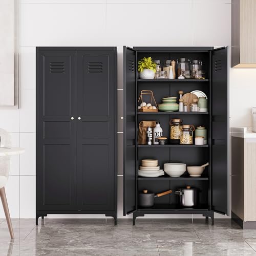 Metal Storage Cabinet with Doors and Shelves,Metal Pantry Cabinet,Black Craft Storage Cabinet,Ventilated Pantry Storage Cabinet,Tall Large Closet Cupboard for Home,Kitchen,Dining/Living/Laundry Room SISESOL