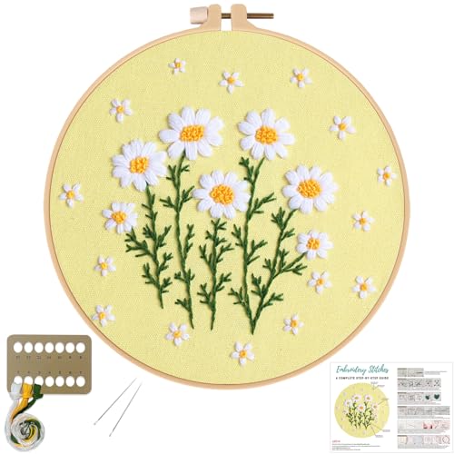 Louise Maelys Daisy Flower Beginners Embroidery Kits,Cross Stitch Kit for Adults,DIY Needlepoint with Floral Pattern,Including Hoop,Threads and Instruction