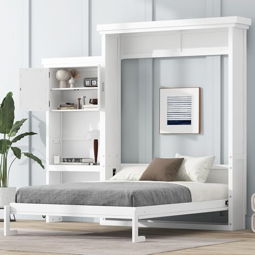MERITLINE Queen Size Farmhouse Murphy Bed with Storage Cabinet and Shelves, Wooden Hidden Foldable Wall Bed Frame, Murphy Wall Bed Cabinet Queen for Adults, Space-Saving, White MERITLINE