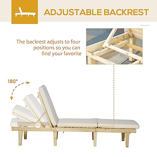 Outsunny Chaise Lounge Chair for Outdoor, Wood Outdoor Chaise Lounge with 4-Position Adjustable Backrest and Cushion, Reclining Beach Lounge Chair for Deck, Pool, Lawn and Sunbathing, Natural