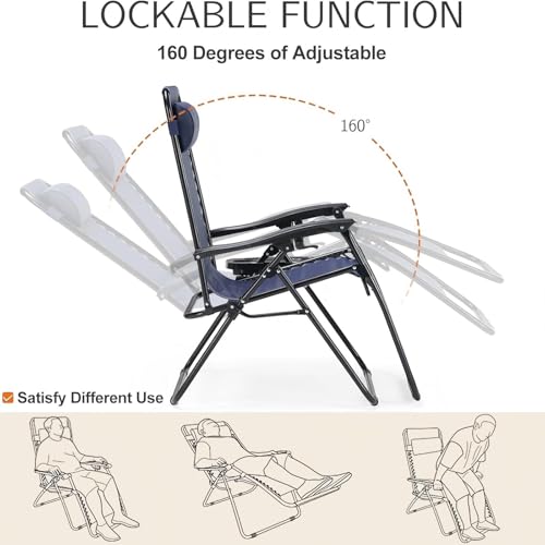 Sweetcrispy Zero Gravity Chairs, Set of 4 Portable Recliner Beach Camping Patio Outdoor Folding Lounge Chair with Cup Holder Trays and Adjustable Pillow for Poolside, Garden, Backyard, Lawn (Blue)
