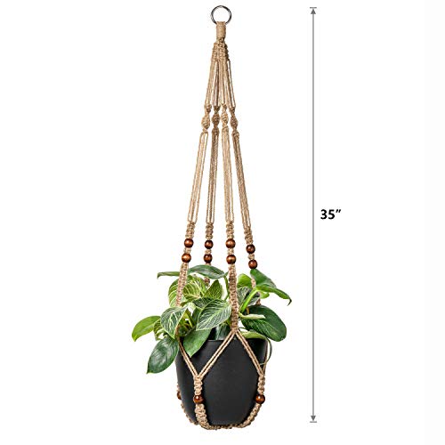 Mkono Macrame Plant Hanger Indoor Jute Hanging Planter Basket with Wood Beads Decorative Flower Pot Holder No Tassels for Indoor Outdoor Boho Home Decor 35 Inch, Brown, Set of 1 (POTS NOT Included) Mkono