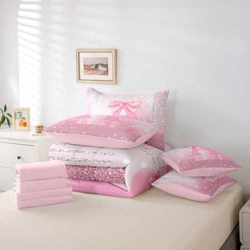 Feelyou Kids Pink Bowknot Bed in A Bag Full Size, Personalized Initial A Comforter Set with Sheets Princess Glitter 7 Pieces Bedding Set Boys Girls Bow Alphabet Teens Bed Set Bedroom Decor 7Pcs Feelyou