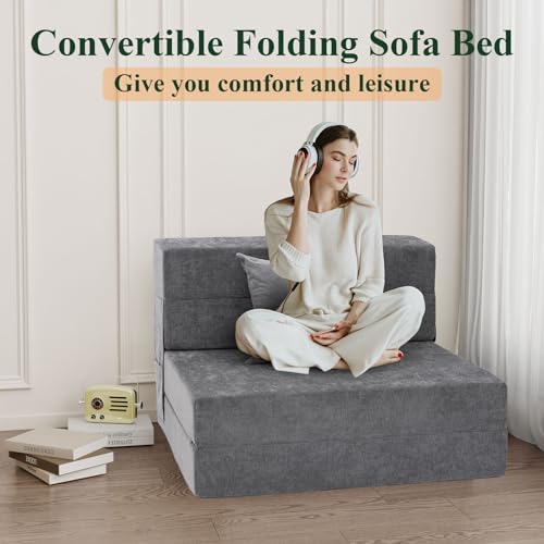 HOMFINE Folding Sofa Bed - Convertible Sleeper Chair with Pillow, Fold Out Couch, Memory Foam Floor Mattress, Futon Couch, Lazy Sofa for Living Room/Dorm/Guest Room/Home Office, Twin, Gray HOMFINE