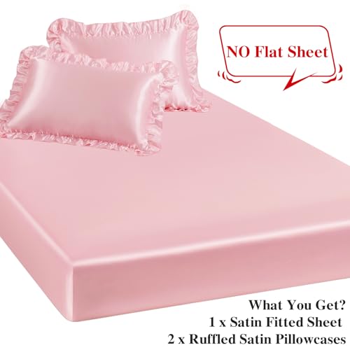 P Pothuiny 3-Piece Set Ruffle Satin Pillowcases & Twin Fitted Sheet, Luxury Blush Pink Satin Fitted Sheet Silky Soft Cute Bedding Bedroom Dorm Decor, Wrinkle Free, 15 Inch Deep Pocket P Pothuiny