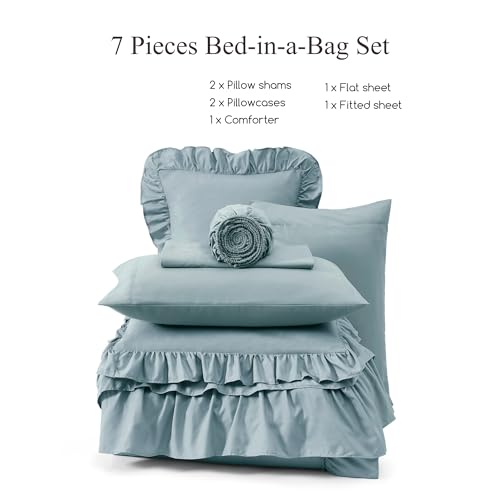 AMBERSPACE King Size Comforter Set Dusty Blue, Ruffle Shabby Chic Bedding Set Farmhouse 7 Pieces, All Season Fluffy Bed in a Bag with Sheets, Pillowcases & Shams AMBERSPACE