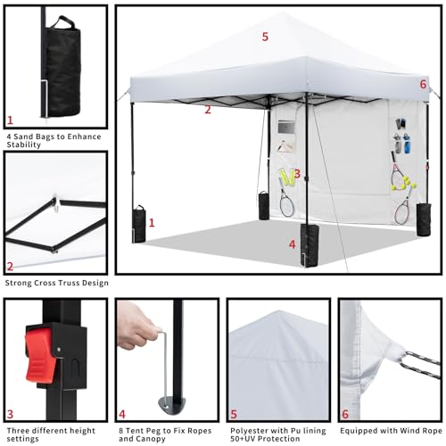 White 10x10 FT Pop Up Canopy Tent with 1 Sidewall, Heavy Duty Canopy for Outdoor, Commercial Instant Gazebos, for Party, Patio, by Kendane. Kendane