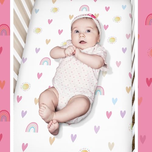 Hahafelt 3 Piece Rainbow Boho Crib Bedding Set for Girls Inspirational Quote Pink Baby Crib Bedding Set Standard Size Nursery Bedding Includes Fitted Crib Sheet,Comforter, Crib Skirt Hahafelt