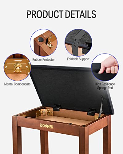Donner Piano Bench with Storage, Solid Wood Keyboard Bench Piano Bookcase Stool Chair Seat with High-Density Suede Cushion, Brown Donner