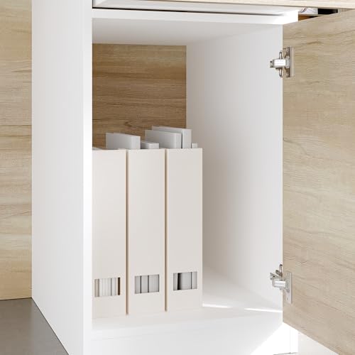 WOODTIME 55" W Reception Desk with Lockable Drawer, Door & Open Shelves, Modern Front Counter Table Office Reception Counter for Checkout, Store, Salon, White & Natural