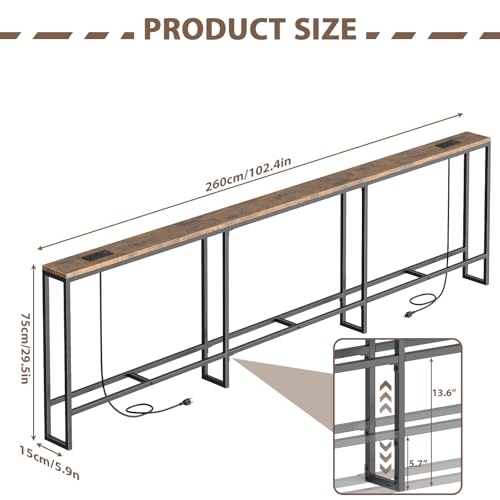 SANXUO 102 Inch Extra-Long Narrow Console Table with Charging Station (2 Outlets + USB-C), Sofa Table,Behind Couch Table with 3-Tier Storage Shelves for Entryway & Small Spaces (Rustic Brown) SANXUO