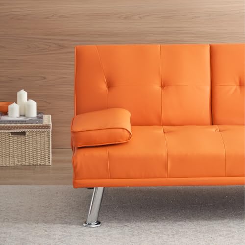 ODOLAR 70" Futon Sofa Bed,Multifunctional Convertible Folding Futon Sofa Bed with Coffee Table, 3 Adjustable Reclining Sleeper Sofa, Small Leather Couch for Living Room/Bedroom Small Spaces (Orange) ODOLAR