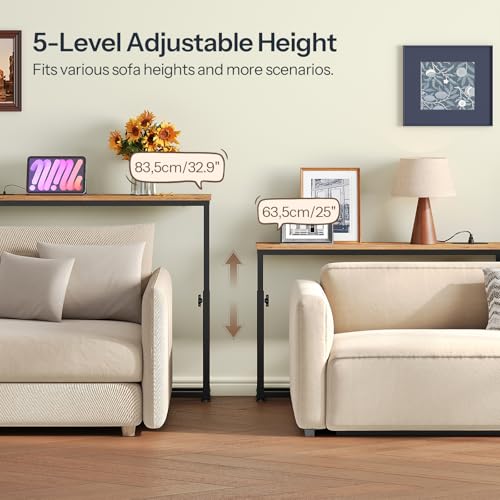 HOOBRO Narrow Console Table with Charging Station, Adjustable Height Sofa Table (25''-32.9''), Slim Behind Couch Table for Small Spaces, Entryway, Living Room, 39.4" Rustic Brown BF95UXG01 HOOBRO