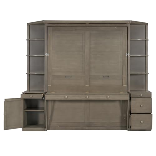 Queen Murphy Bed with Desk,Storage Shelves and LED Lights,Wood Hidden Folding Farmhouse Murphy Wall Bed with Storage Cabinets Bookcase Drawers & Shelves for Adults,Space-Saving (Queen,Natural Wood) MERITLINE