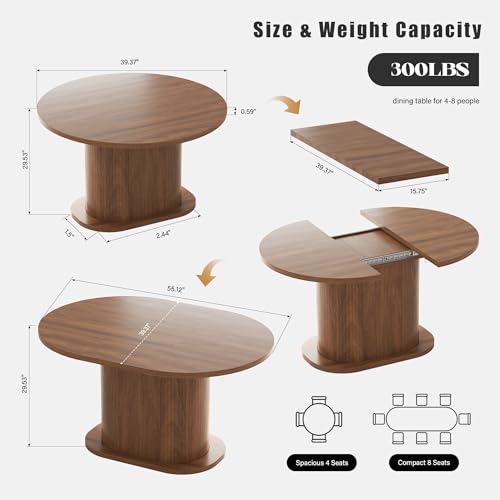 PatioPerk 39.37"-55.12" Round Extendable Dining Table, Oval Kitchen Table with Fluted Metal Slide Door, Space-Saving Expandable Dining Table for Small Apartment & Family Use, Walnut PatioPerk