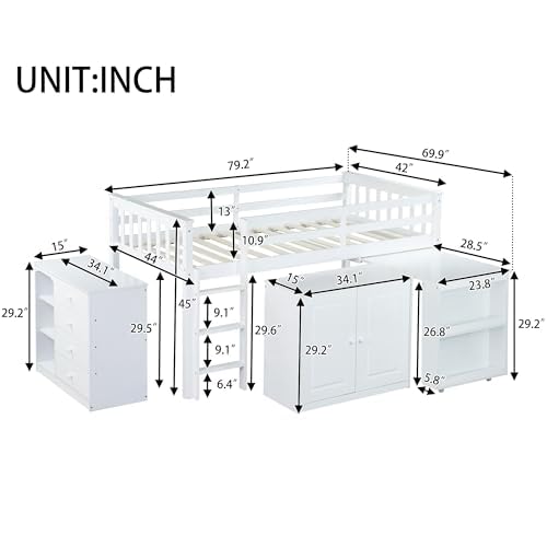 KEIKI Twin Size Low loft Bed with Pull-Out Desk, Rubber Wood Loft Bed with Storage Cabinets & Drawers & Shelves, Low Twin Bed for Kids, White KEIKI