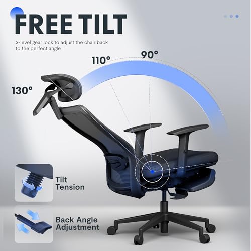 FLEXISPOT OC3 Cloud Ergonomic Office Chair with Footrest, Mesh Back Computer Chair, Home Office Desk Chairs, with Adjustable Lumbar Support/3D Headrest/Reliable Base, Elastic Foam Seat, Black, Cloud-F FLEXISPOT
