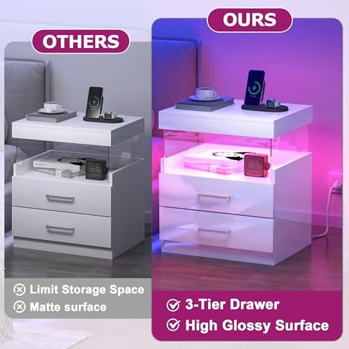 WelFurGeer High Glossy Night Stand, White LED Night Stand with Charger Station, Bedside Table with Drawers, Modern Nightstands, Wood Small Nightstand, Nightstands with Drawers for Bedroom WelFurGeer
