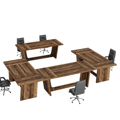 Tribesigns 14-16 People Conference Table, 12 FT Large Rectangular Meeting Seminar Table, Modern Solid Executive Office Business Furniture Boardroom Desk for Office (Set of 4, Dark Brown) Tribesigns